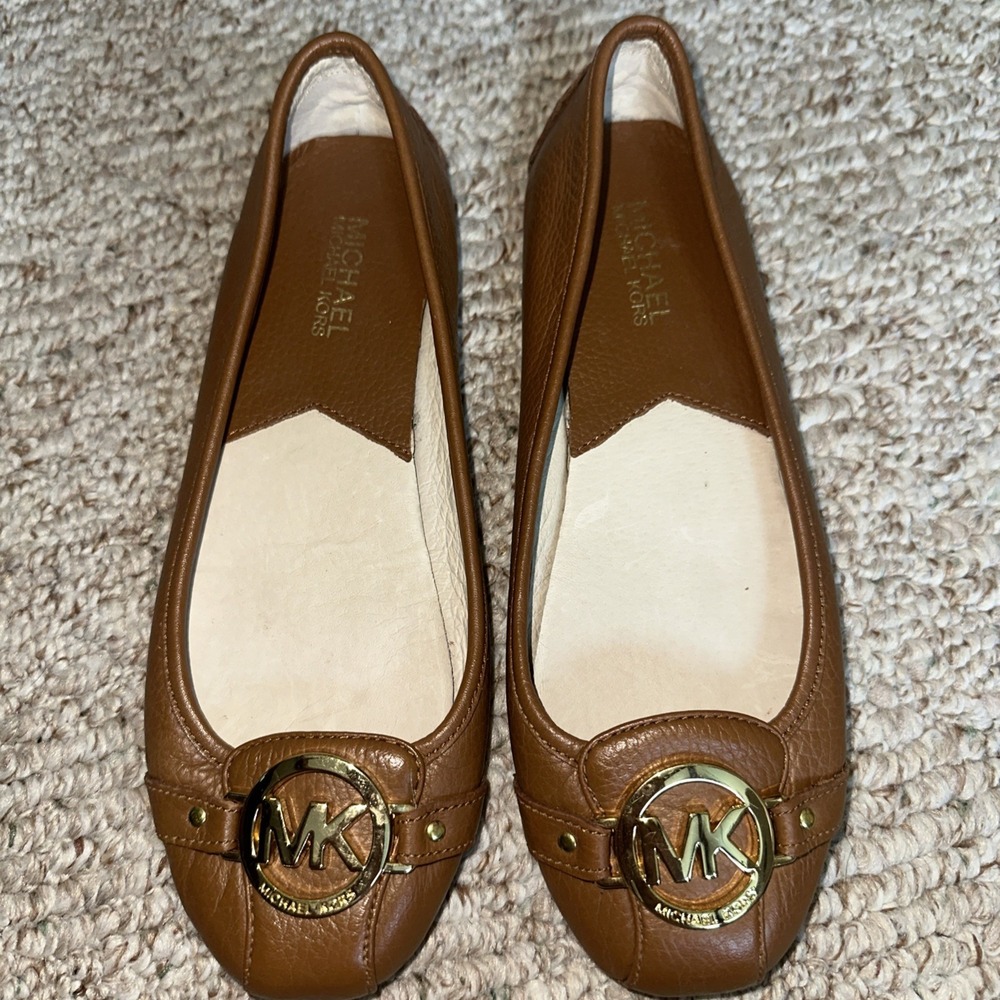 Womens Michael Kors Brown Leather Logo Ballet Flats Size 8 EUC